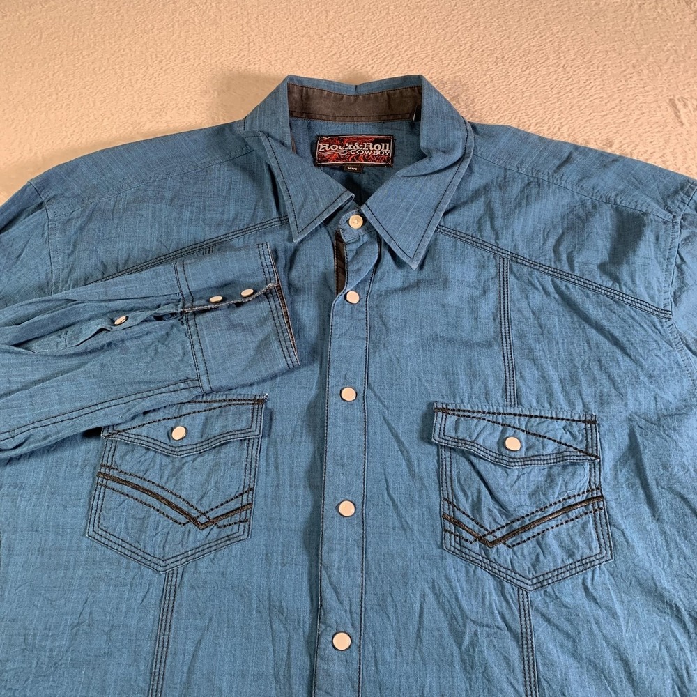 Rock & Roll Cowboy Shirt Mens 2XL Blue Chambray Western Pearl Snap Long Sleeve